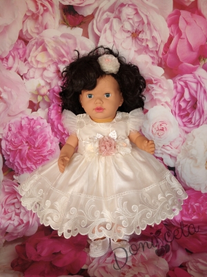 Официална бебешка/детска рокля Дари с коланче отзад в цветя отпред  в екрю