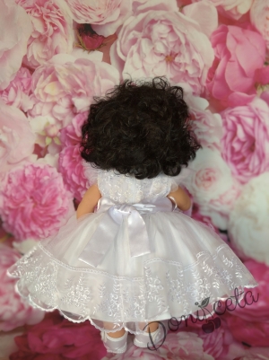 Официална бебешка/детска рокля Дарка с коланче отзад и цвете отпред  в бяло с дантела и тюл