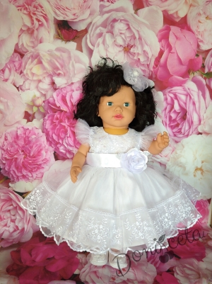 Официална бебешка/детска рокля Дарка с коланче отзад и цвете отпред  в бяло с дантела и тюл
