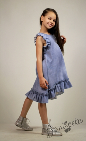 Официална или ежедневна детска рокля с къс ръкав в синьо с къдрички