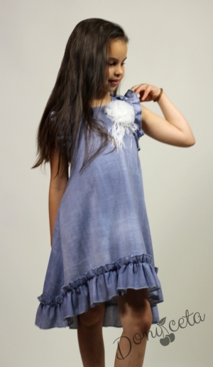 Официална или ежедневна детска рокля с къс ръкав в синьо с къдрички