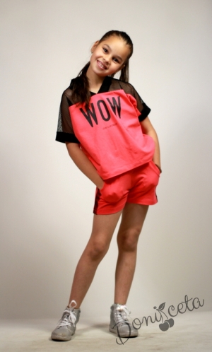 Летен комплект за момиче от тениска с мрежа и къси панталони в циклама Contrast 8