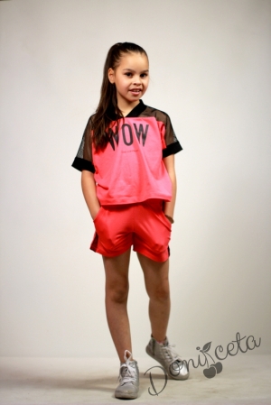 Летен комплект за момиче от тениска с мрежа и къси панталони в циклама Contrast 9
