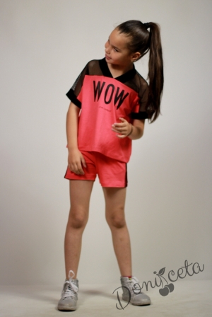 Летен комплект за момиче от тениска с мрежа и къси панталони в циклама Contrast 12
