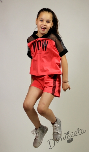 Летен комплект за момиче от тениска с мрежа и къси панталони в циклама Contrast