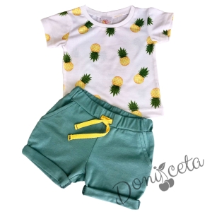 Летен детски/бебешки комплект от блузка в бяло с ананаси и къси панталонки в зелено