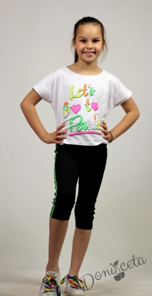 Летен комплект за момиче от тениска в бяло и клин в черно и зелено