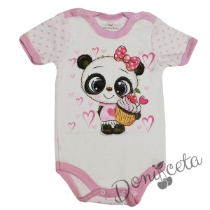 Бебешко боди с къс ръкав в бяло и розово с панда