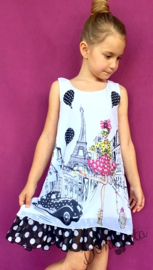 Детска лятна рокля в бяло с Париж и черни точки