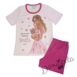 Детска пижама с къс ръкав  с картинка на момиче в розово