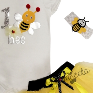 Комплект от 3 части от туту пола в жълто, боди с пчеличка и лента за коса