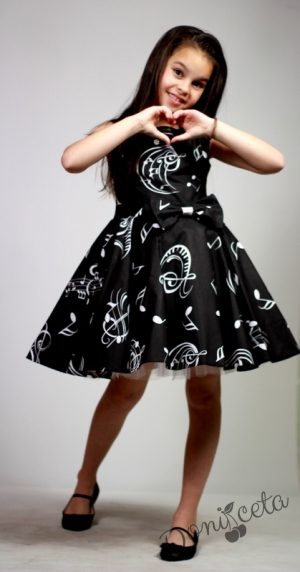 Официална детска рокля в черно с ноти тип клош Симона