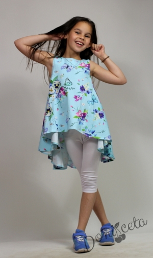Детска летен комплект от  туника за момиче  в тюркоаз/мента на цветя и клин в бяло