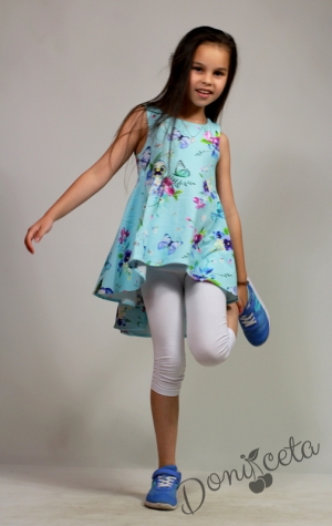 Детска летен комплект от  туника за момиче  в тюркоаз/мента на цветя и клин в бяло