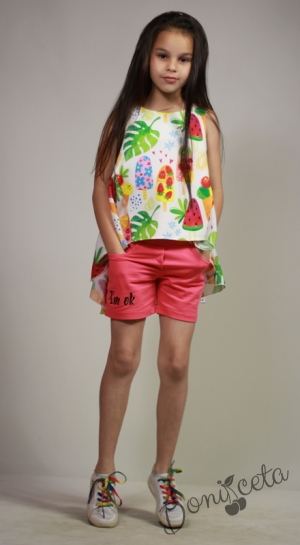 Летен комплект за момиче от туника със сладоледи и къси панталони в циклама