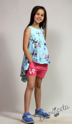 Детски летен комплект от  туника за момиче  в тюркоаз/мента на цветя и къси панталонки в циклама