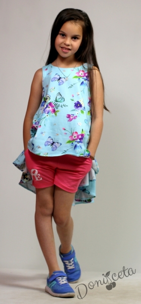 Детски летен комплект от  туника за момиче  в тюркоаз/мента на цветя и къси панталонки в циклама