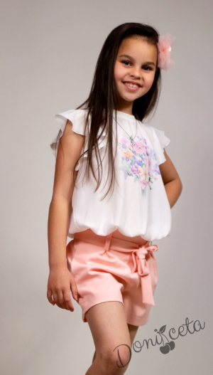 Летен комплект за момиче от блуза/тениска с къс ръкав и къси панталонки с пепел от рози