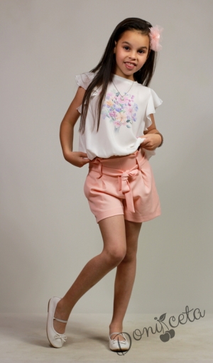 Комплект за момиче от блуза/тениска с къс ръкав, къси панталонки  и кожено яке в  пепел от рози