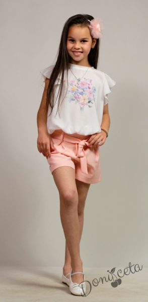 Комплект за момиче от блуза/тениска с къс ръкав, къси панталонки  и кожено яке в  пепел от рози