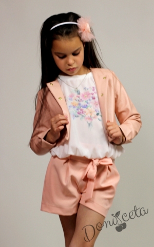 Комплект за момиче от блуза с къс ръкав, къси панталонки  и късо кожено яке в  пепел от рози