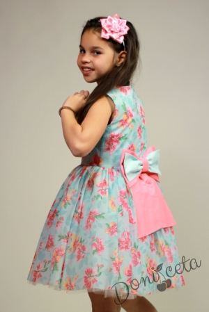 Официална детска рокля в тюркоаз /мента и розово Никол с голяма панделка