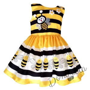 Детска рокля без ръкав с пчелички в жълто с панделка