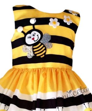 Детска рокля без ръкав с пчелички в жълто с панделка