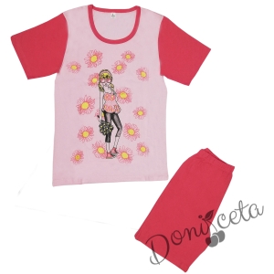 Детска пижама с къс ръкав  с картинка на момиче и цветя в розово 