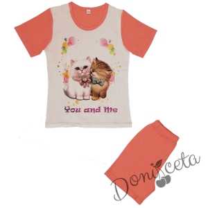 Детска пижама с къс ръкав  с картинка на котенца в прасковено 