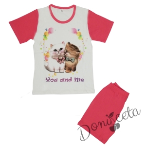Детска пижама с къс ръкав  с картинка на котенца в бяло и розово