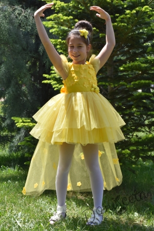 Официална детска рокля Жоси с голяма панделка с 3D пеперуди и с тюл в жълто