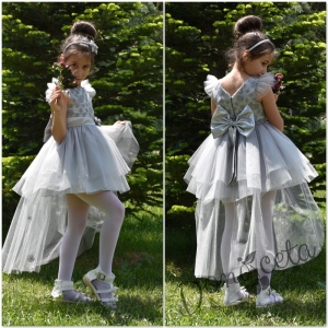 Официална детска рокля Лилия  с голяма панделка с 3D цветя и с тюл в сребристо