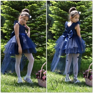 Официална детска рокля с голяма панделка с 3D пеперуди и с тюл в тъмносиньо Хриси 