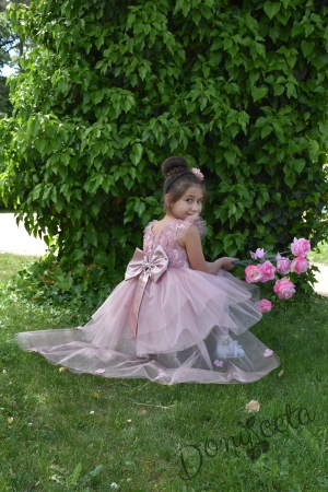 Официална детска рокля Жасмина  с голяма панделка с 3D цветя и с тюл в пепел от рози