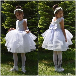 Официална детска рокля Каринда с голяма панделка, с 3D пеперуди и с тюл в бяло