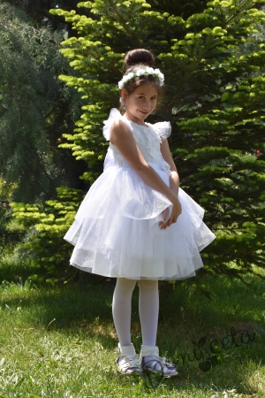 Официална детска рокля Каринда с голяма панделка, с 3D пеперуди и с тюл в бяло