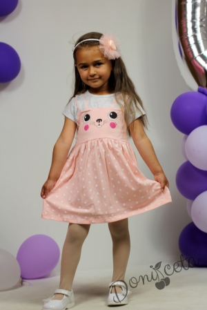 Бебешка  или детска рокличка в сиво и розово с илюстрация на зайче