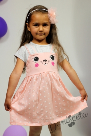 Бебешка  или детска рокличка в сиво и розово с илюстрация на зайче