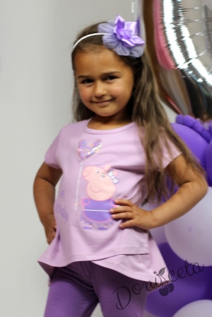 Комплект от детска туника/тениска с къс ръкав в лилаво с прасето Пепа и клин