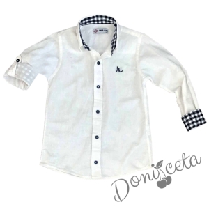 Комплект от детска риза с дълъг ръкав за момче в бяло, дънки, сако и папионка