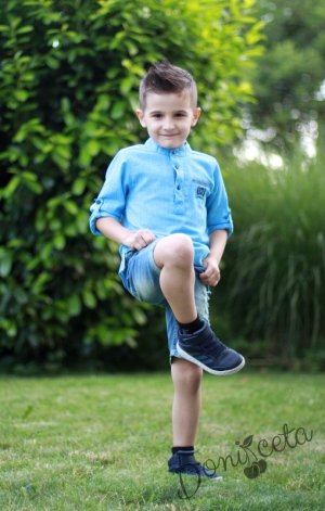 Комплект от детска риза с дълъг ръкав в синьо за момче с къси дънки