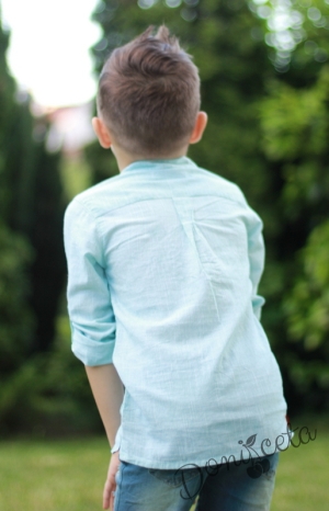  Комплект от 3 части-детска риза с дълъг  ръкав  в тюркоаз/мента за момче,  къси дънки и сако в тъмносиньо