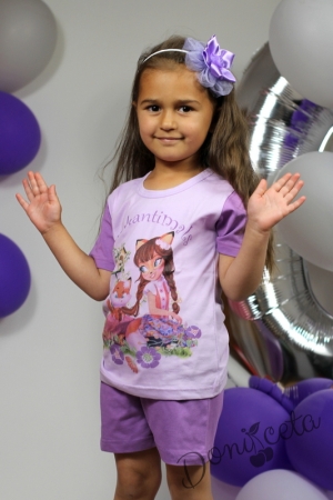 Детска пижама с къс ръкав с лисичка в лилаво  за момиче