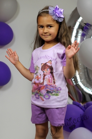 Детска пижама с къс ръкав с лисичка в лилаво  за момиче