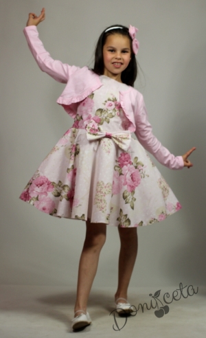 Официална или ежедневна детска рокля на цветя тип клош с болеро в розово Мери  3