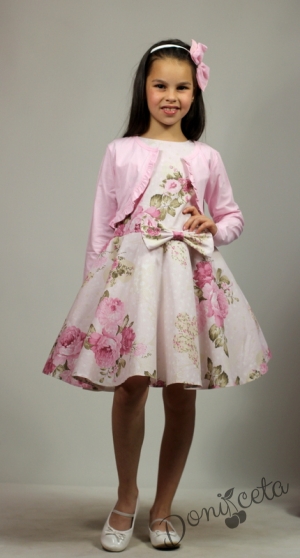 Официална или ежедневна детска рокля на цветя тип клош с болеро в розово Мери  4