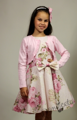Официална или ежедневна детска рокля на цветя тип клош с болеро в розово Мери  20