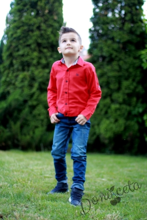  Комплект от детска риза с дълъг ръкав за момче в червено с дълги дънки