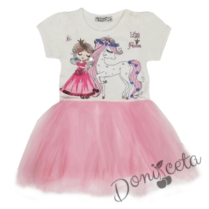 Лятна детска рокля с момиче и еднорог с тюл в розово и бяло
